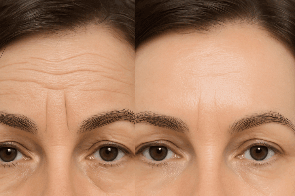 Side-by-side comparison of a forehead before and after retinol treatment, showing reduced wrinkles and smoother skin to illustrate how long does retinol take to work
