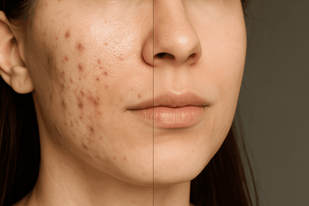 Close-up of a woman's face showing acne and pigmentation on one side and clearer, more even skin on the other, illustrating how long does retinol take to work.