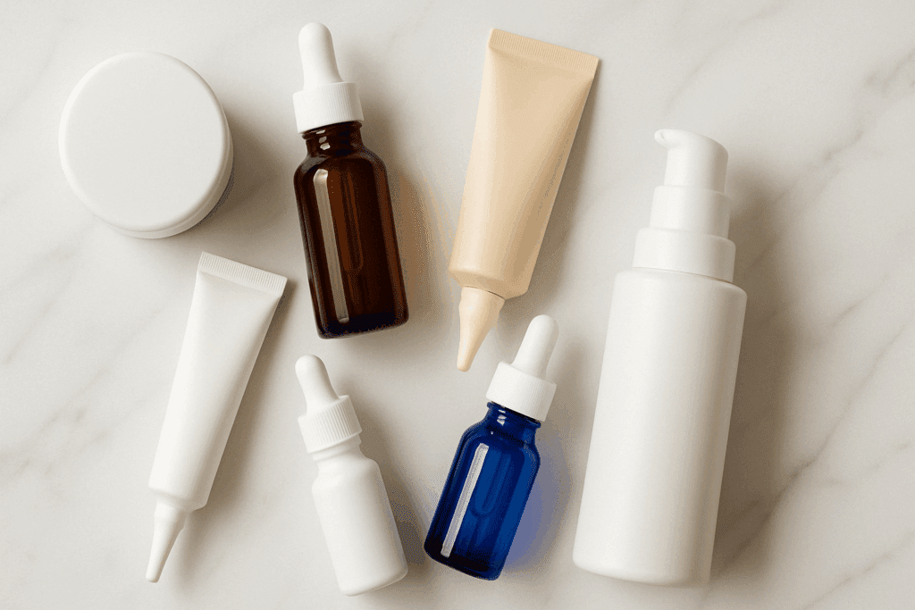 Flat-lay of retinol products in dropper bottles, tubes, and pump containers on a marble surface, illustrating different formulations for users wondering how long does retinol take to work.