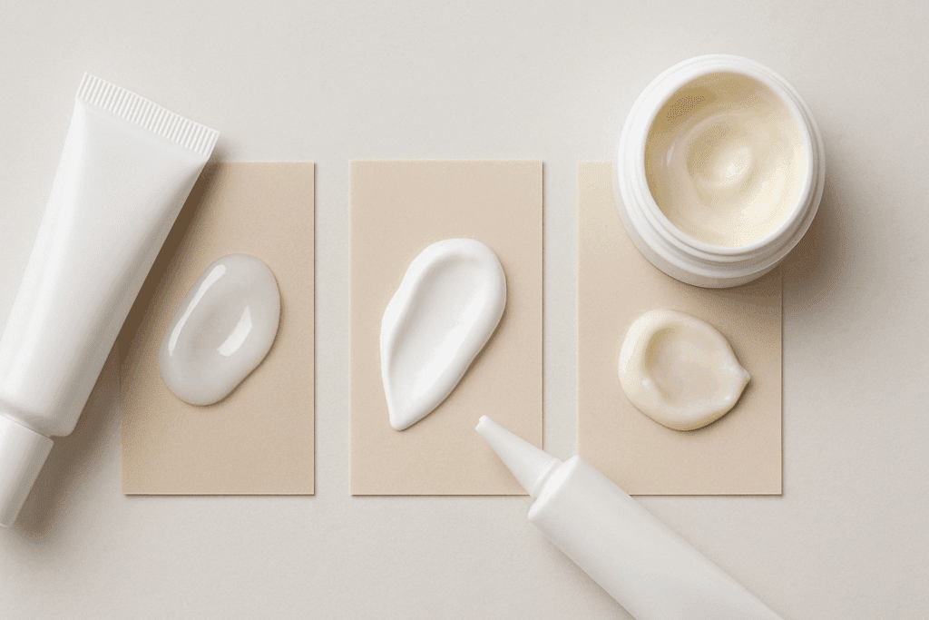 Flat lay of three retinoid creams for acne in gel, cream, and ointment textures applied on neutral swatches next to minimalist tubes and jars