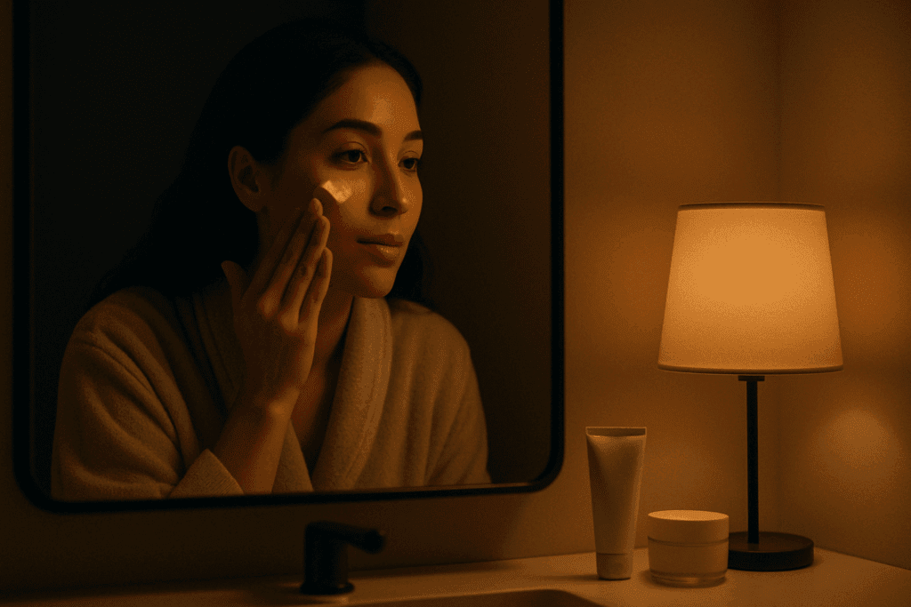 Woman in a bathrobe applying retinoid creams for acne to her cheek in a softly lit nighttime skincare routine setting.