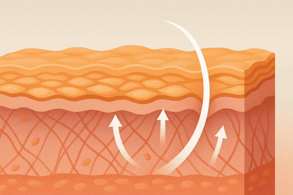 Cross-sectional illustration of skin layers showing how retinol face serum penetrates the epidermis and dermis to boost cell turnover and collagen.