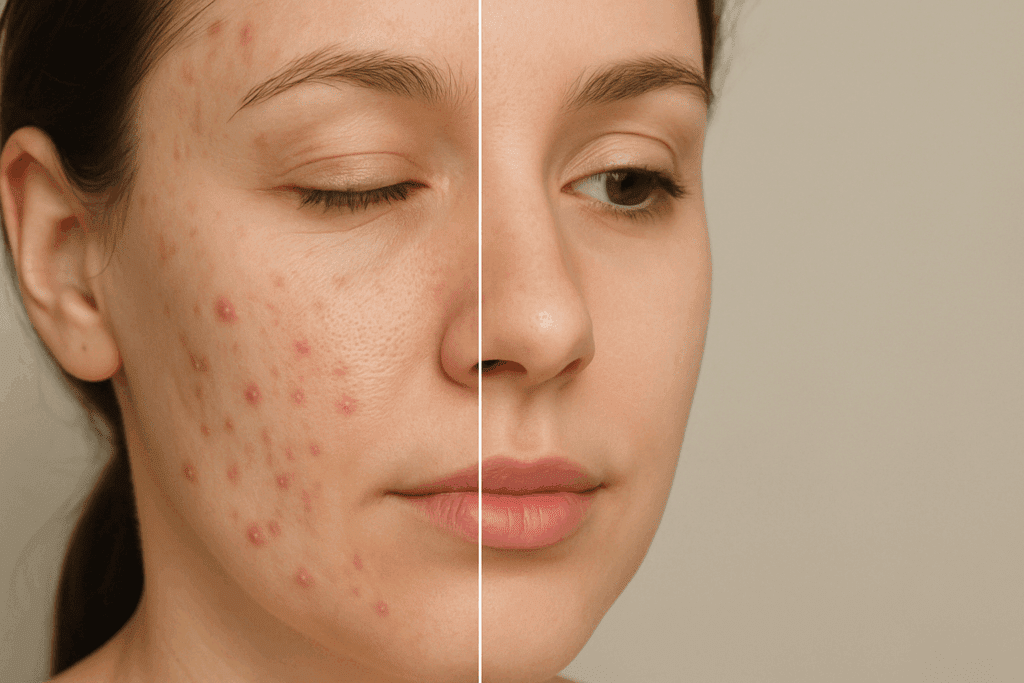 Before-and-after of a woman’s cheek showing acne, fine lines, and uneven tone improved by retinol face serum.