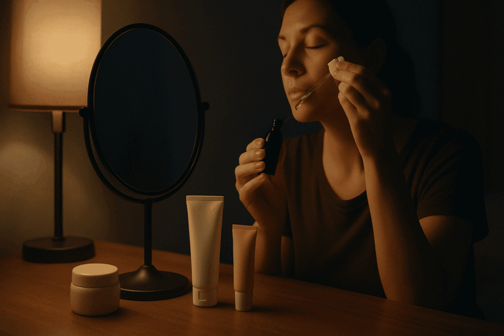 Woman applying retinol face serum at a vanity mirror at night, with skincare products like cleanser, moisturizer, and sunscreen neatly arranged nearby.