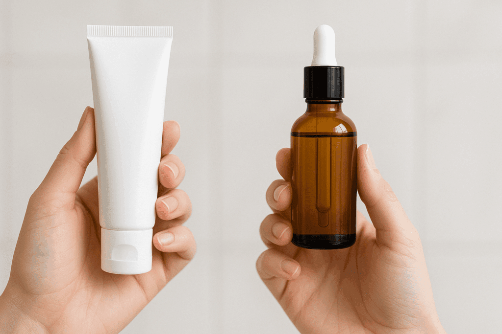 Hand holding a retinol face serum dropper bottle next to a prescription-style skincare tube against a neutral clinical background