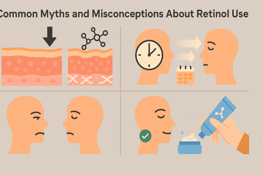 Infographic debunking common myths about retinol face serum with visual scenes showing skin thickening, gradual transformation over time, and buffered application for sensitive skin