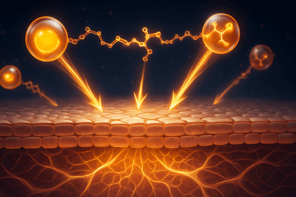 Retinol molecules interacting with skin cells to enhance collagen and cell turnover, illustrating the impact of retinol and pores at the cellular level.