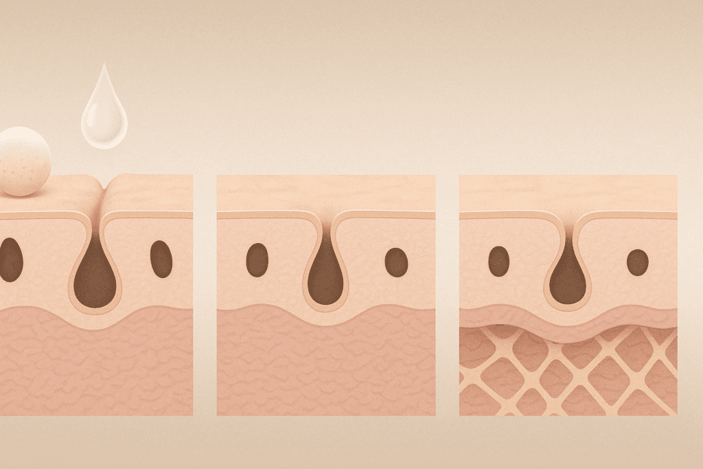 Side-by-side skin cross-sections comparing astringents, scrubs, and retinol and pores, highlighting retinol's deeper collagen-boosting effect