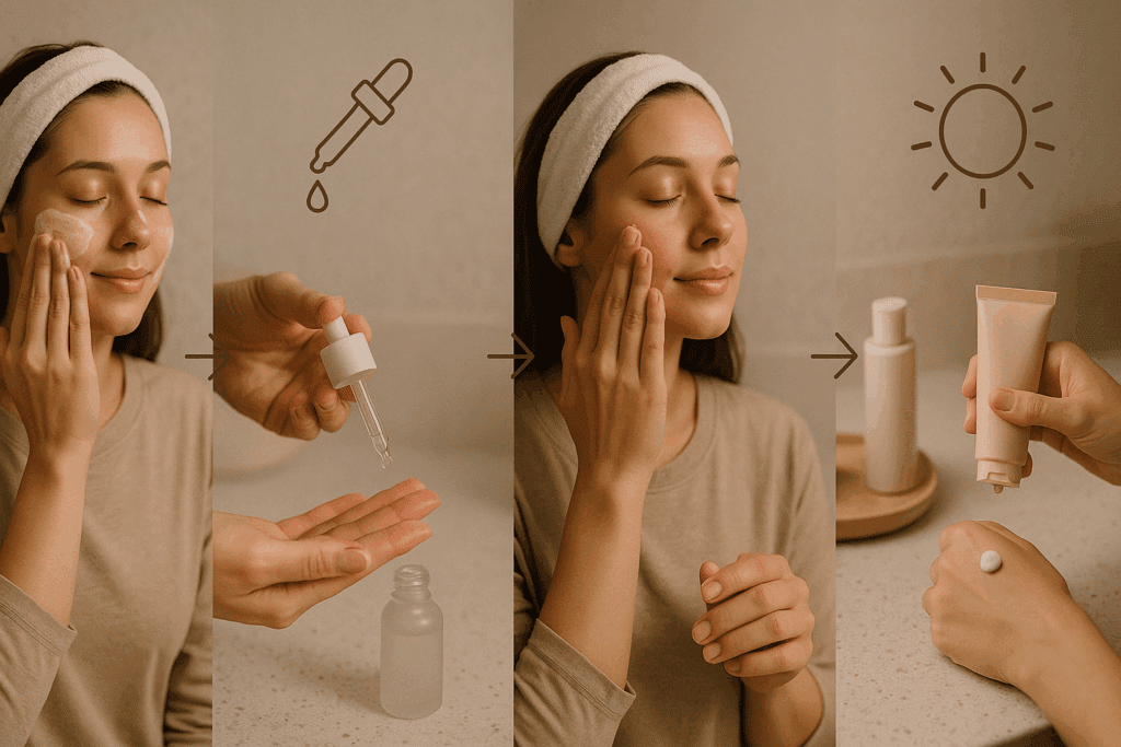 Nighttime skincare routine showing cleansing, applying retinol and moisturizer, and using sunscreen to improve retinol and pores treatment results