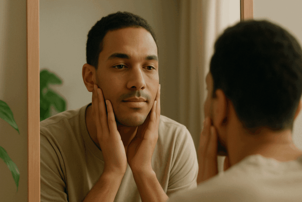 Young man with clear skin thoughtfully examining his reflection in a mirror, representing the benefits of retinol and pores refinement.