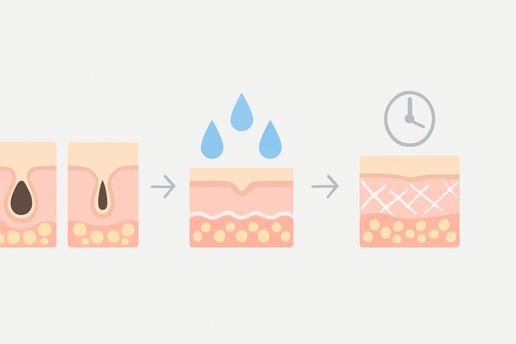 Visual infographic showing the effects of retinol and pores over 12 weeks, with reduced pore size, boosted collagen, and increased skin hydration.