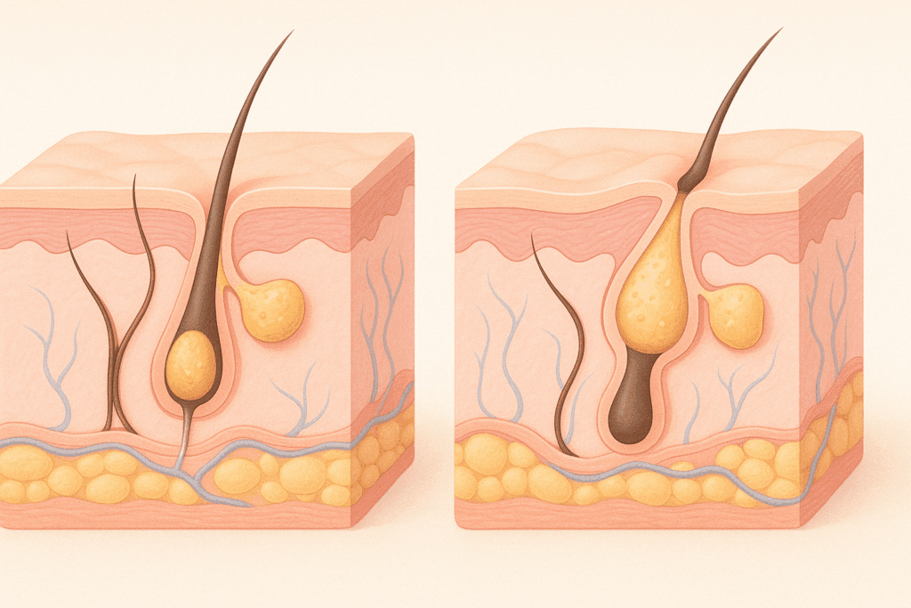 Medical-style diagram showing a cross-section of facial skin comparing normal pores to enlarged pores caused by clogged sebum, sun damage, and collagen loss—relevant to how retinol and pores interact in skin care.
