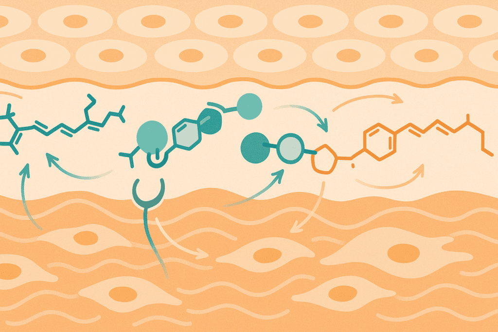 Microscopic illustration showing how retinol helps with acne scars by activating collagen-producing skin cells during cellular repair.