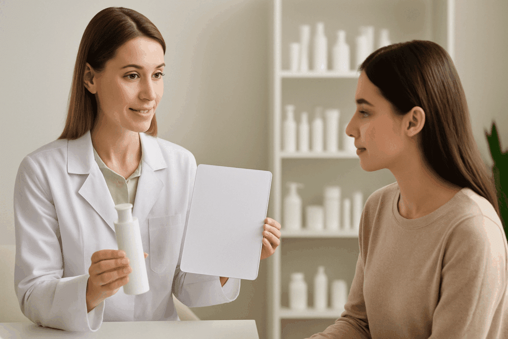 Dermatologist showing skincare product to patient during consultation, illustrating how retinol helps with acne scars in clinical settings