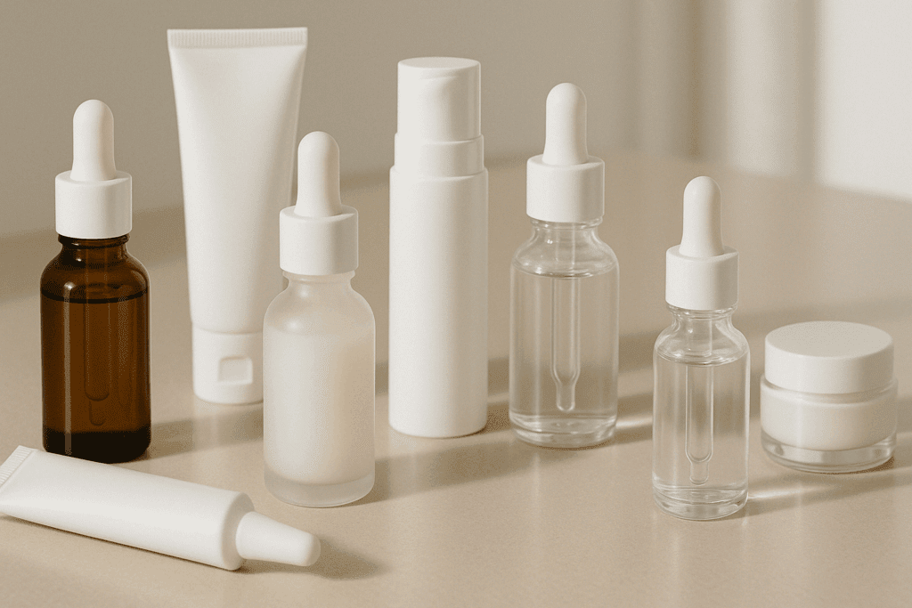 Curated flat lay of retinol skincare products in various containers, illustrating how retinol helps with acne scars through diverse formulations.