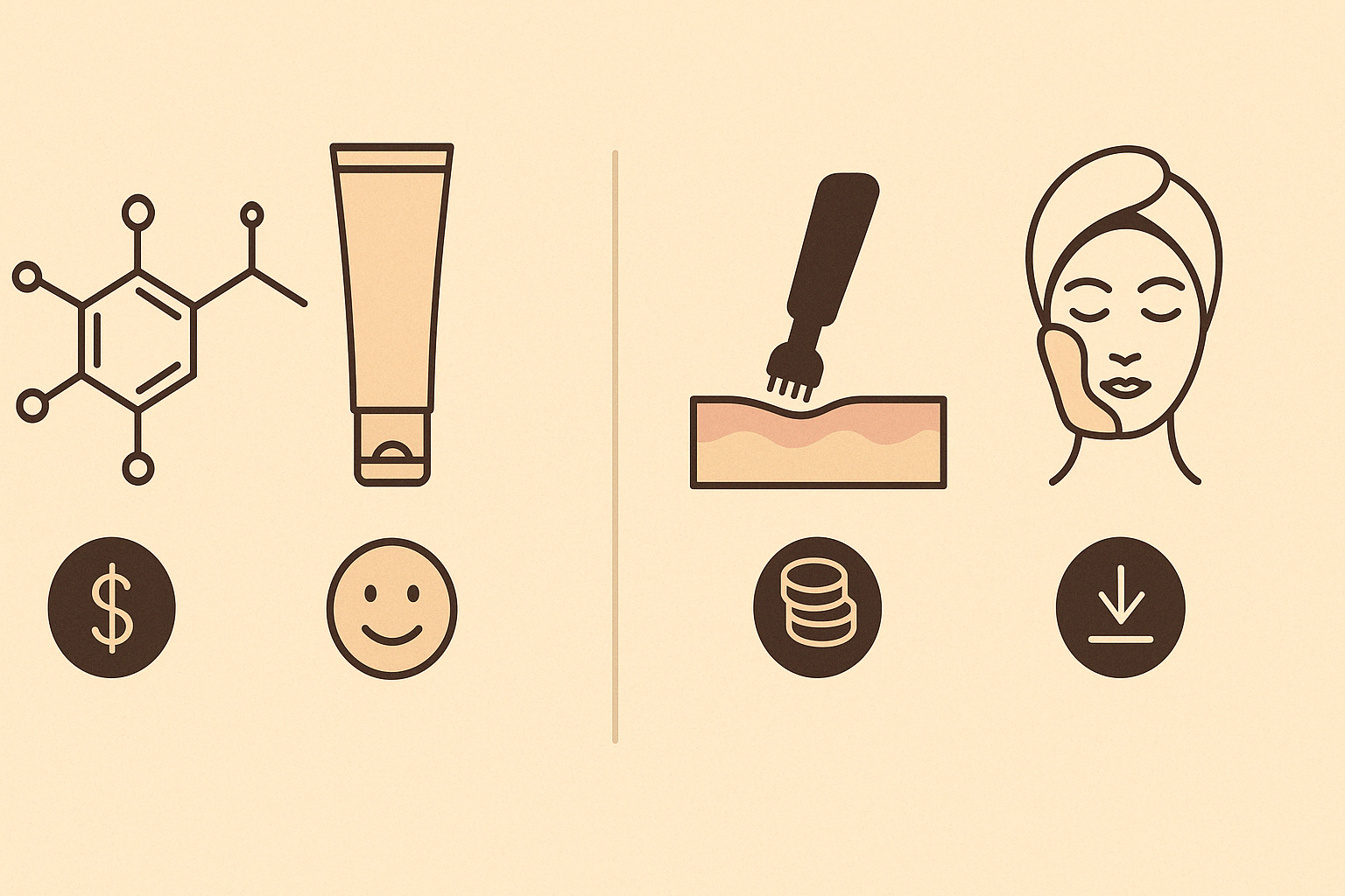 Infographic comparing how retinol helps with acne scars versus microneedling, laser treatments, and chemical peels using icons for cost, downtime, and skin depth