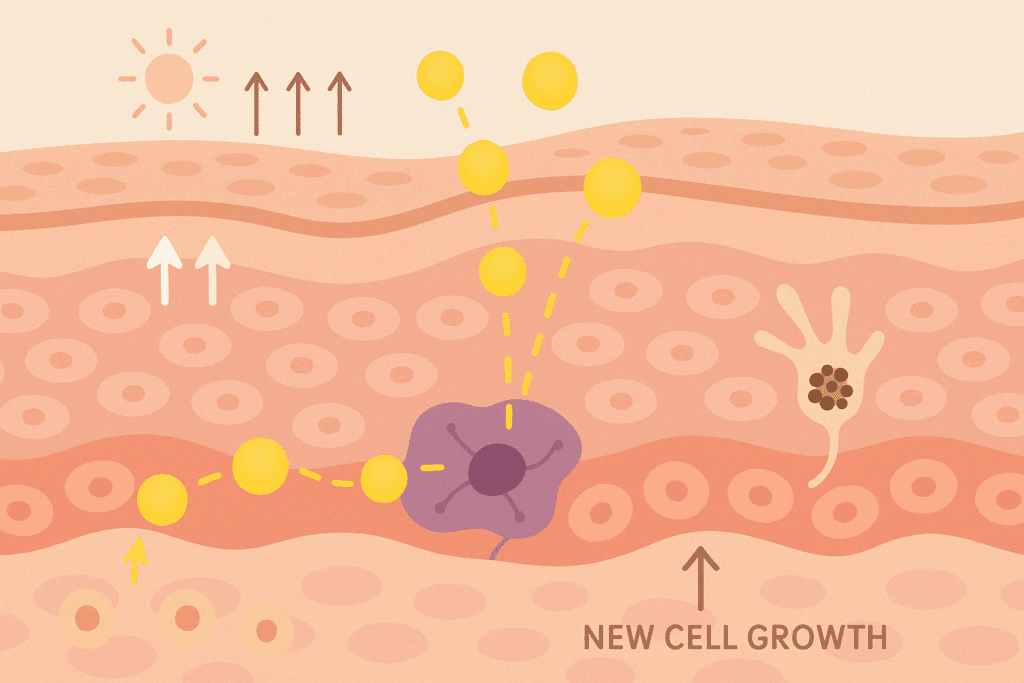 Cross-sectional illustration of retinol molecules penetrating skin layers to reduce melanin and stimulate new cell growth, depicting the science behind retinol dark spots before and after results.