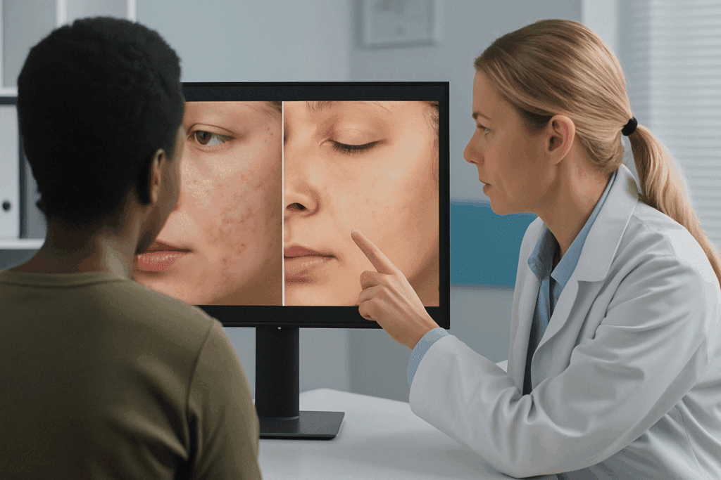 Dermatologist reviewing retinol dark spots before and after facial skin images with a diverse patient in a clinical setting.