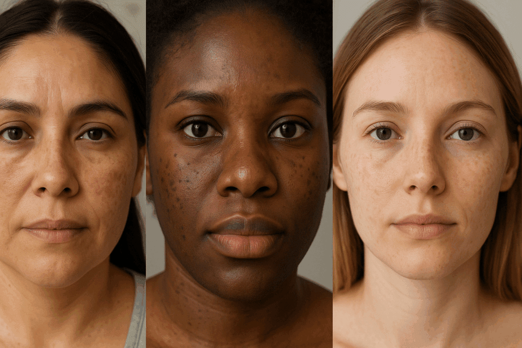 Side-by-side comparison of untreated melasma, post-inflammatory hyperpigmentation, and sunspots on diverse skin tones, illustrating retinol dark spots before and after effects