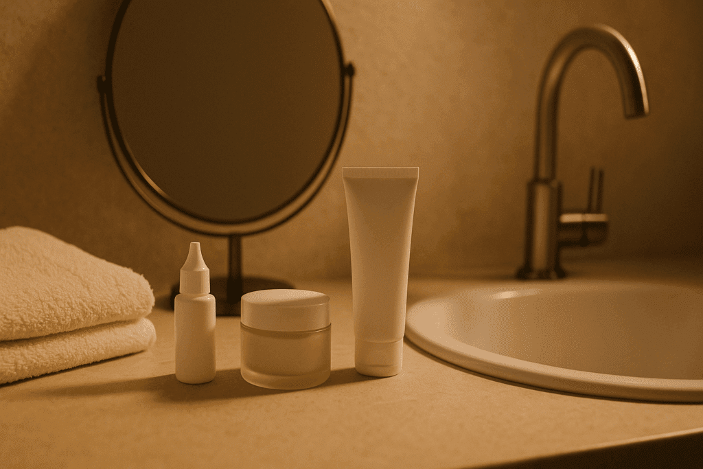 Nighttime skincare routine with retinol, moisturizer, and SPF arranged on a bathroom counter, suggesting retinol dark spots before and after results.