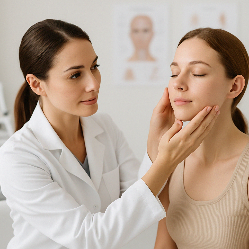 Dermatologist examining a patient’s facial skin in a clinic, illustrating a retinol dark spots before and after treatment consultation.