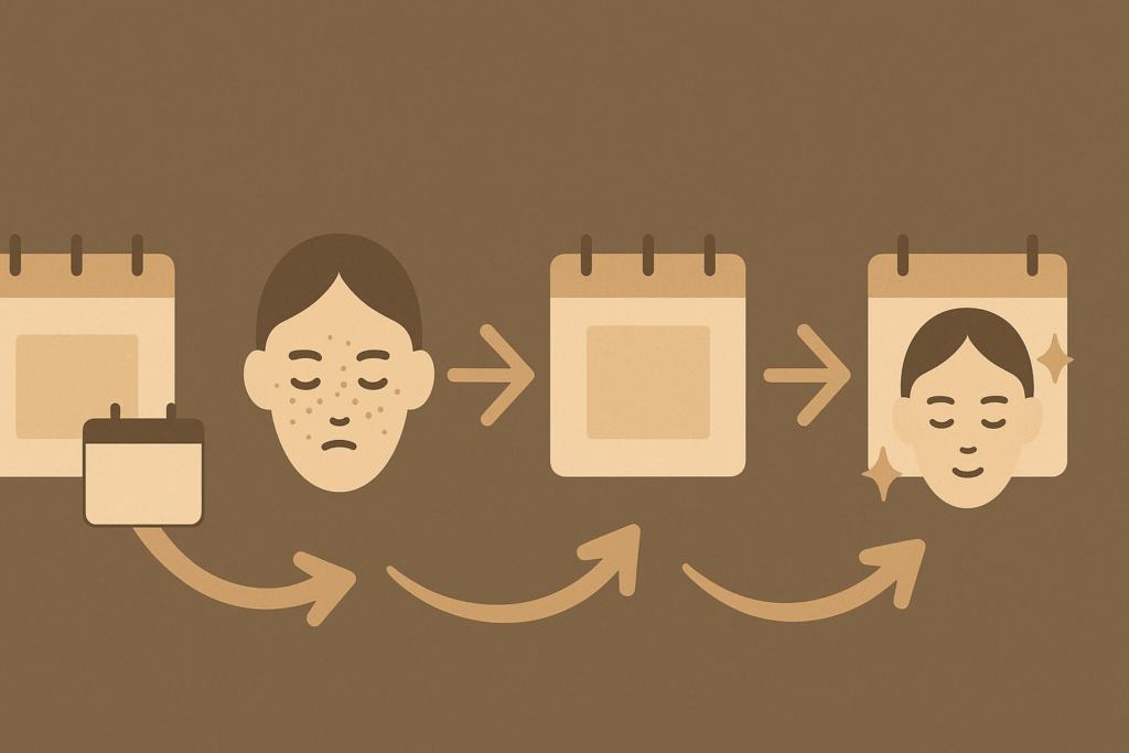 Retinol dark spots before and after infographic showing skin improvement timeline from irritation to glowing complexion