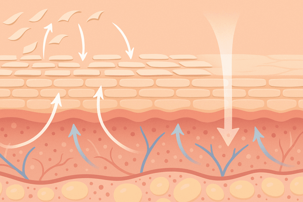 Cross-sectional diagram of skin layers showing how tretinoin works for wrinkles by boosting collagen, exfoliating dead cells, and increasing cell turnover.