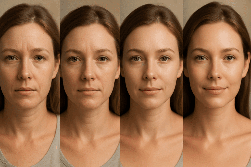 Woman's face subtly transforming over months, showing how tretinoin works for wrinkles by reducing fine lines and enhancing skin radiance.