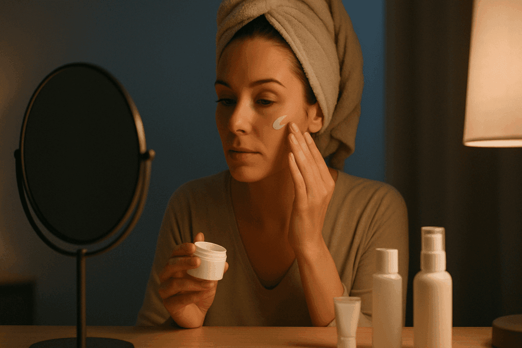 Woman gently applying nighttime cream in front of mirror as part of routine showing how tretinoin works for wrinkles