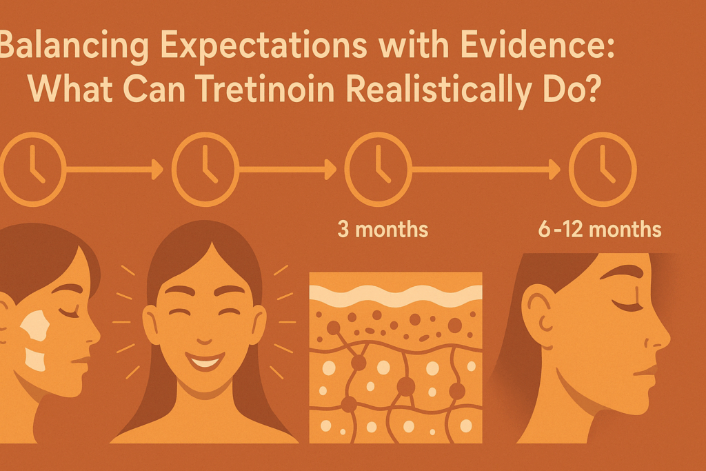 Infographic showing how tretinoin works for wrinkles over time, with symbolic visuals of skin peeling, glowing tone, collagen layers, and wrinkle smoothing.