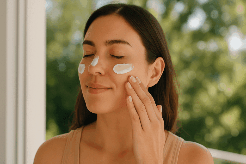 Woman applying sunscreen to her face in natural daylight, emphasizing preventive skin care for fine lines.