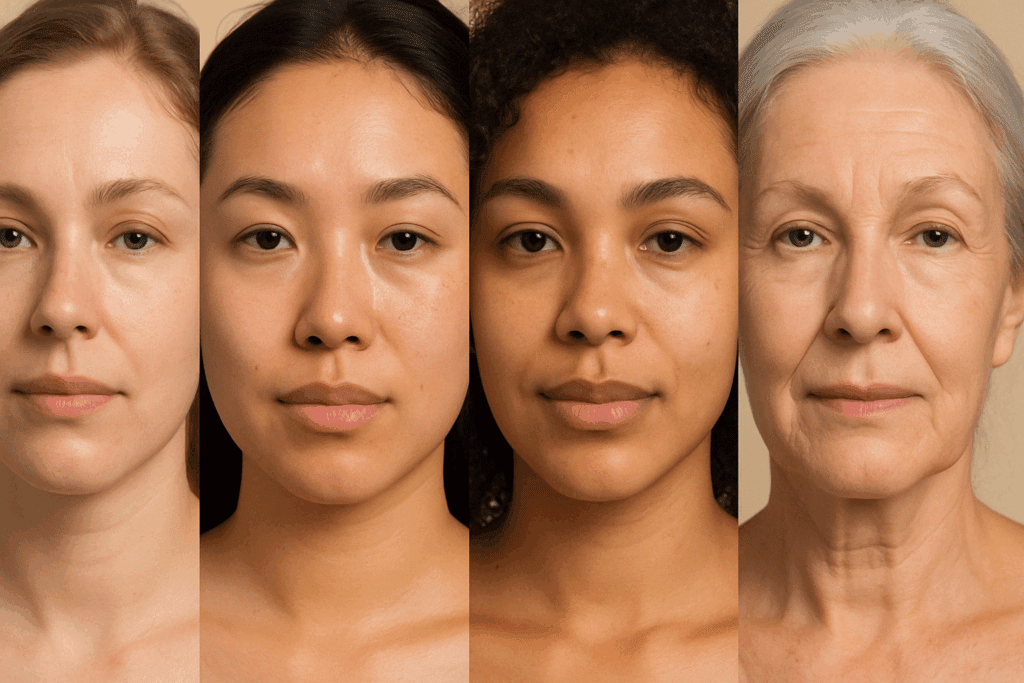 Four diverse women with dry, oily, combination, and mature skin types, highlighting natural textures for choosing skin care for fine lines
