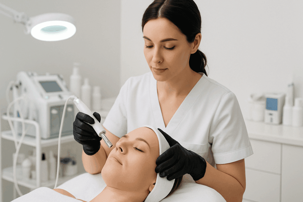 Licensed esthetician performing a clinical microneedling treatment to support skin care for fine lines in a modern professional setting.