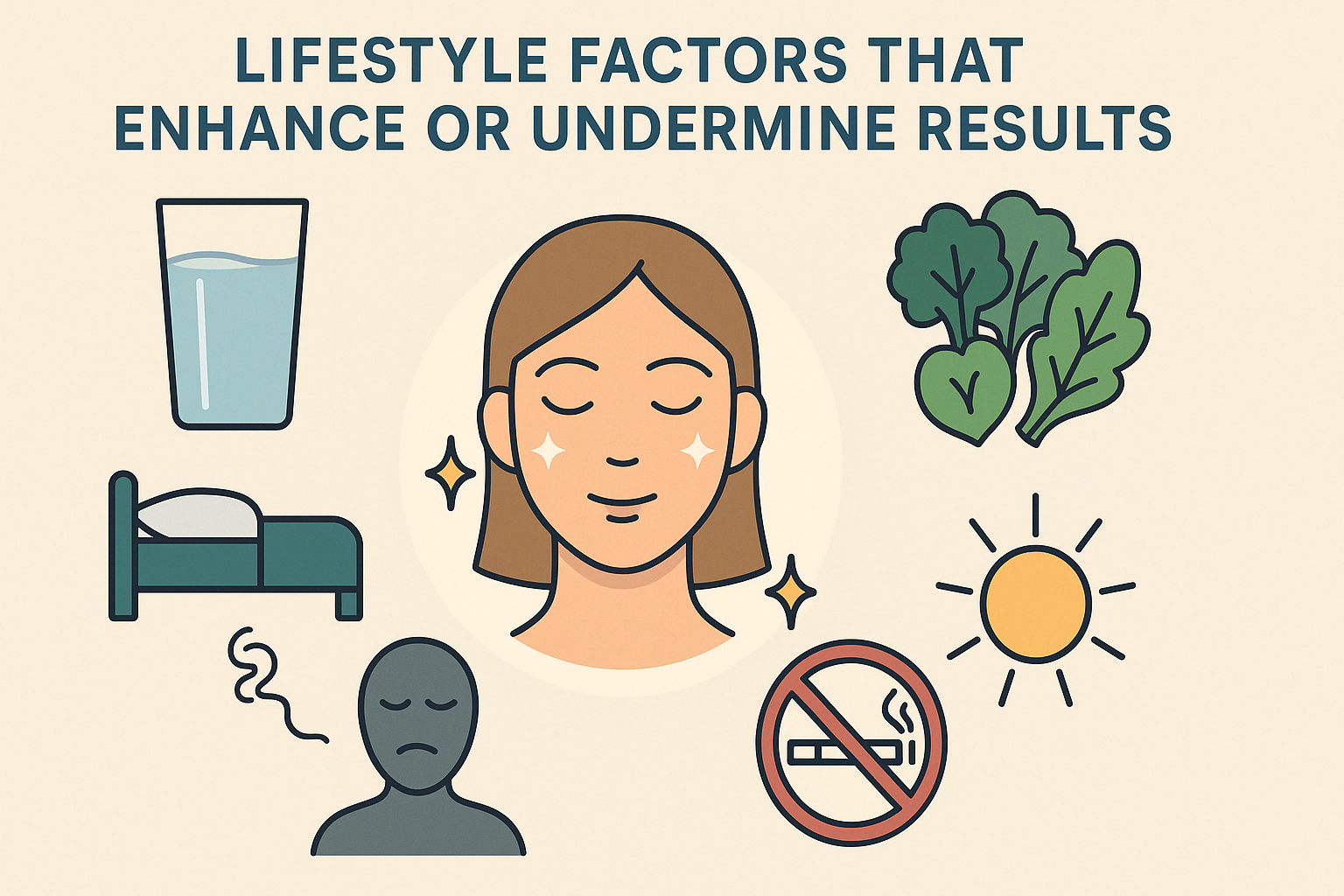 Infographic showing lifestyle factors like hydration, sleep, diet, stress, sun exposure, and smoking that influence skin care for fine lines