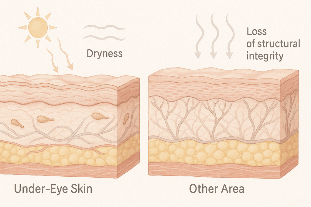 Cross-sectional skin diagram showing why the under-eye area ages faster than other facial regions, supporting use of the best cream for lines under eyes