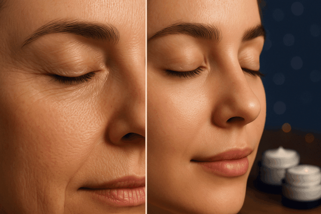 Before-and-after close-up of under-eye skin showing visible improvement after using the best cream for lines under eyes, with night cream jars in the background