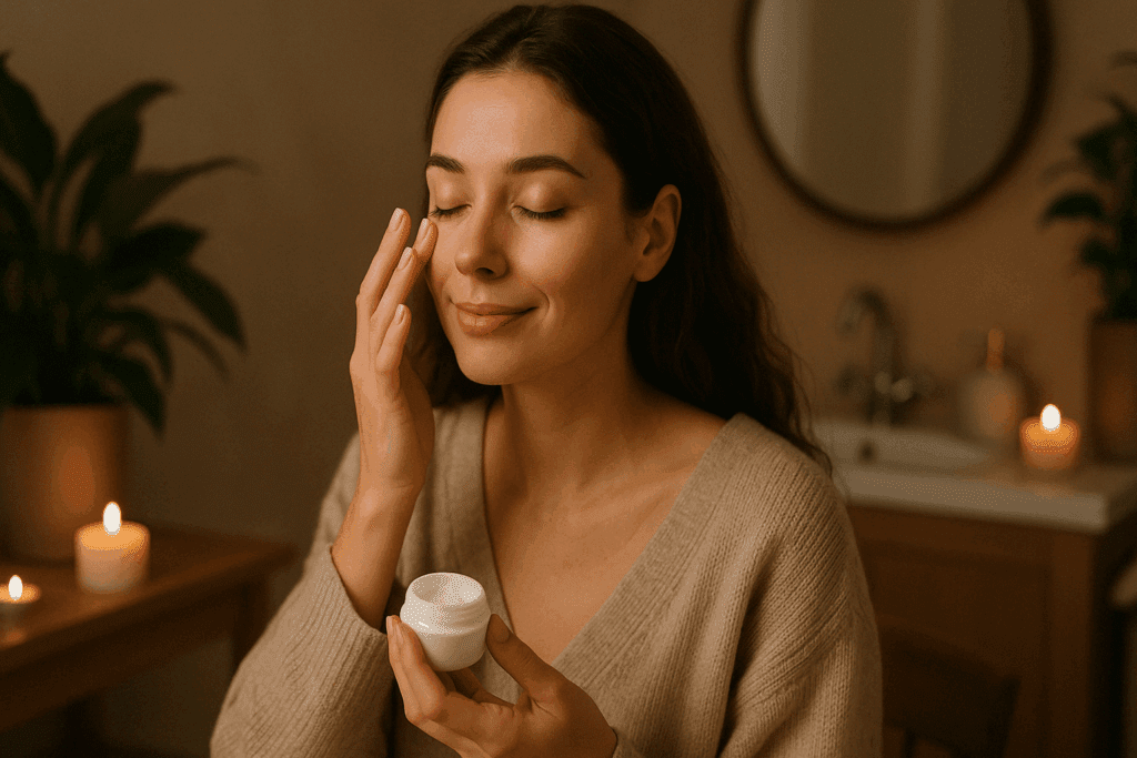 Woman applying best cream for lines under eyes in a calming, candle-lit self-care setting with plants and a bathroom vanity in the background
