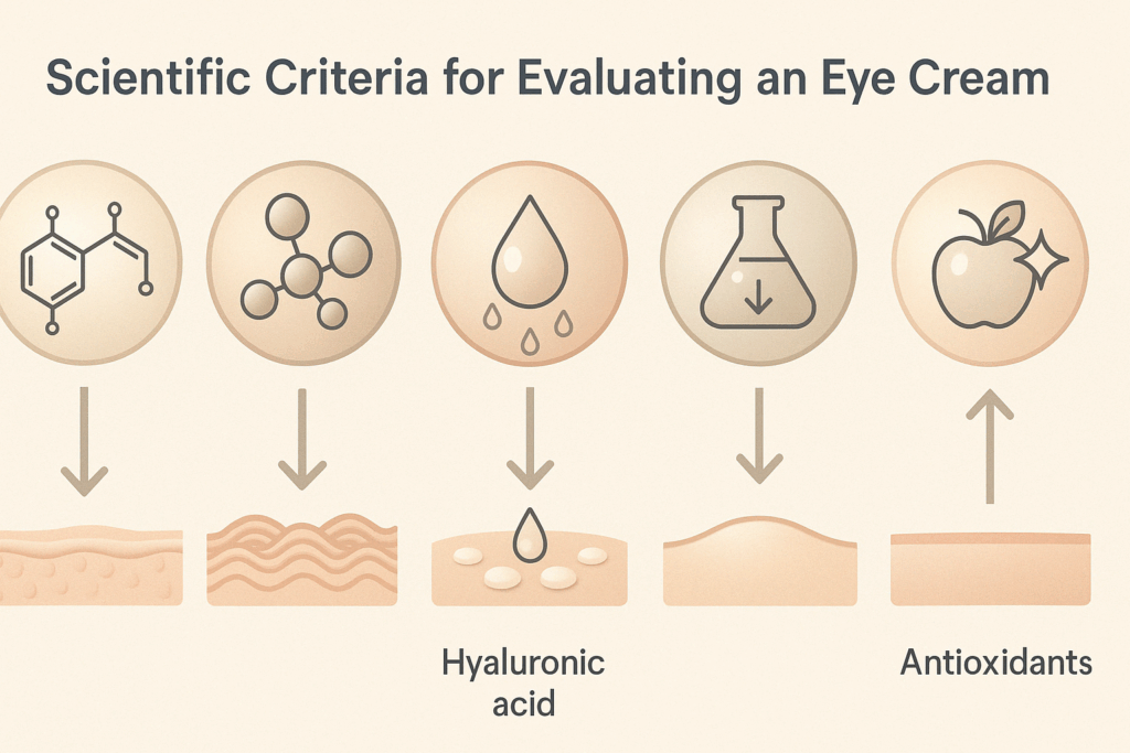 Infographic showing scientific ingredients in the best cream for lines under eyes using icons for retinol, peptides, hyaluronic acid, niacinamide, and antioxidants with visual effects like skin smoothing, hydration, and collagen support.