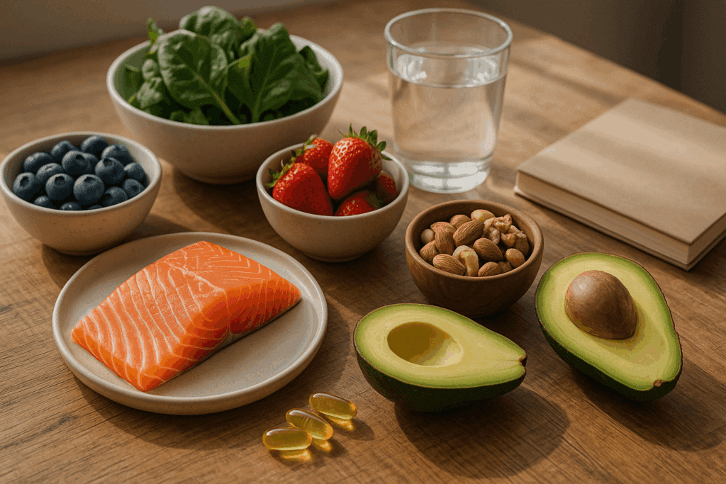 Healthy foods like salmon, avocado, berries, nuts, and leafy greens arranged on a wooden table to support skin health and show how to get rid of 11 lines without botox.