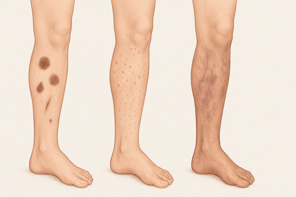 Medical illustration showing causes of leg hyperpigmentation—post-inflammatory spots, sun damage, and circulation issues—for understanding how to get rid of dark spots on legs