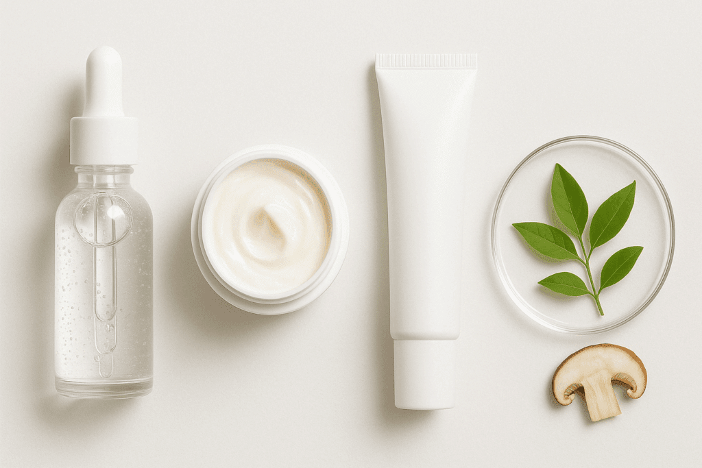 Clinical flat lay of skincare products like niacinamide, retinol, and hydroquinone used in treatments for how to get rid of dark spots on legs.