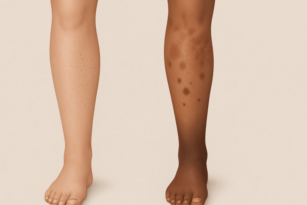 Side-by-side comparison of cosmetic versus medical leg discoloration, illustrating skin conditions relevant to how to get rid of dark spots on legs