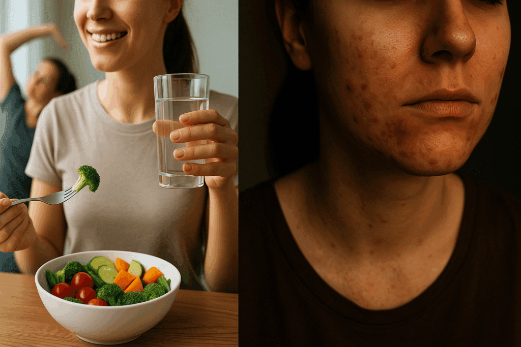 Split-screen showing lifestyle effects on skin, illustrating how to get rid of dark spots on the neck and under the breasts through healthy habits versus inflammation from poor choices.