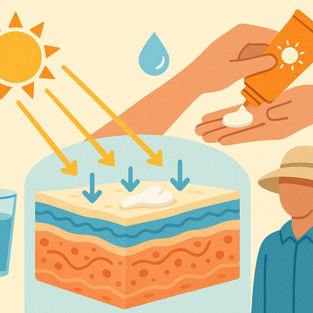 Illustrated infographic showing how to get rid of dark spots on the neck and under the breasts with sunscreen, moisturizers, hydration, and protective clothing