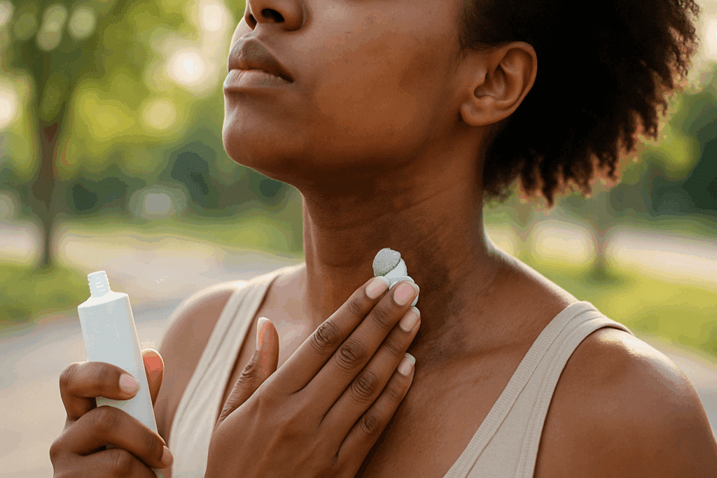 Young woman applying cream to her neck outdoors in soft natural light, illustrating how to get rid of dark spots on the neck and under the breasts using expert-recommended skincare.