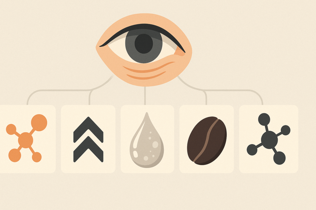 Infographic visually comparing topical ingredients like retinoids, peptides, hyaluronic acid, caffeine, and niacinamide for how to get rid of fine lines under eyes