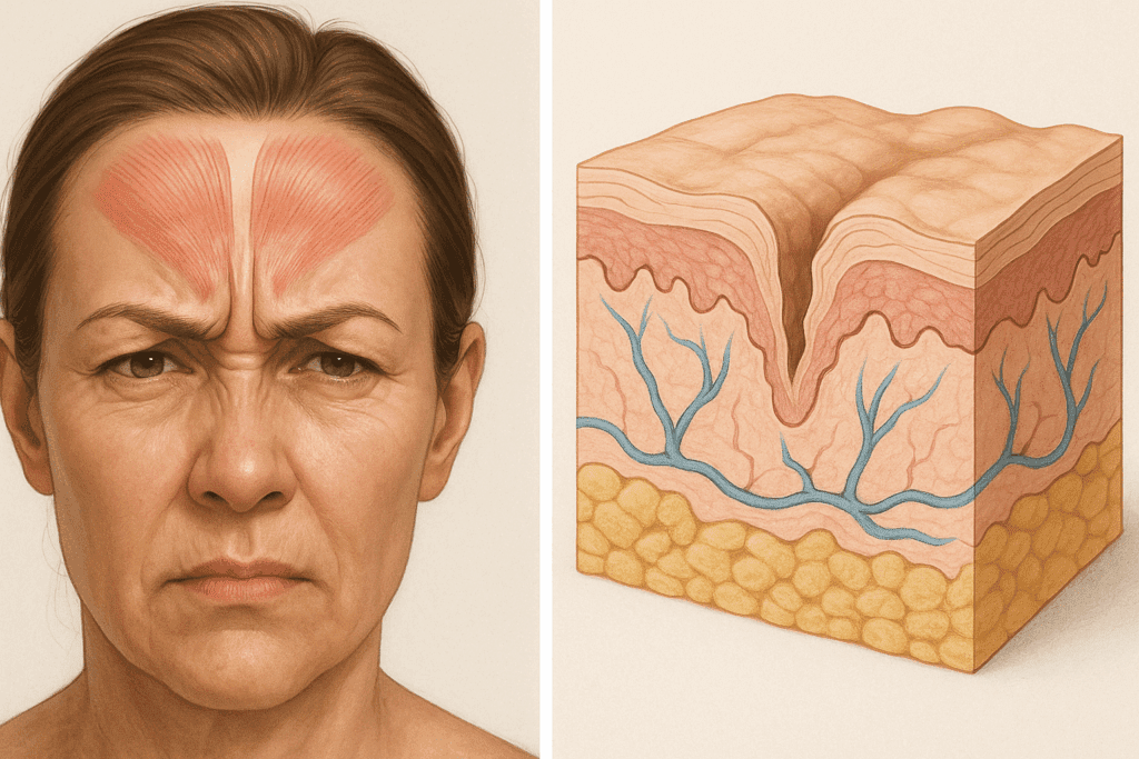 Side-by-side illustration showing frontalis muscle contraction and collagen breakdown to explain how to get rid of forehead wrinkles naturally