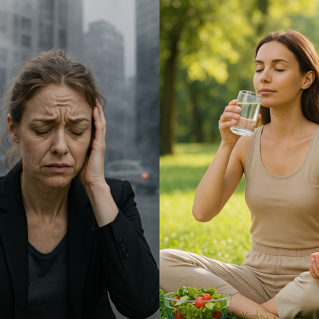 Split image showing lifestyle contrast: stressed woman with forehead wrinkles in a polluted city versus a relaxed woman meditating in nature—visual guide on how to get rid of forehead wrinkles naturally.
