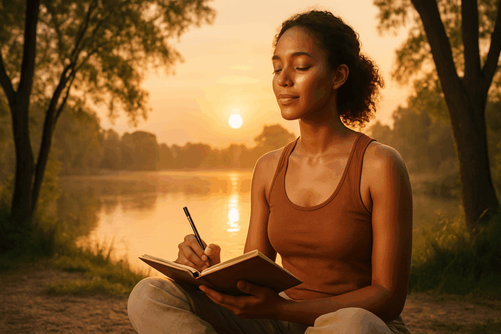 Woman journaling by a lake at sunrise, her glowing skin reflecting emotional peace and mindfulness—symbolizing how to get rid of forehead wrinkles naturally.