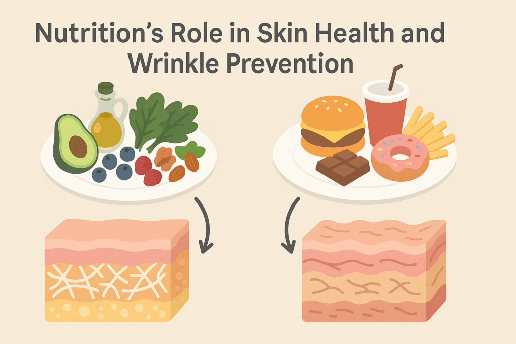 Split-screen infographic showing anti-aging foods like salmon and avocado improving skin collagen versus sugary junk foods degrading skin elasticity, illustrating how to get rid of forehead wrinkles naturally.
